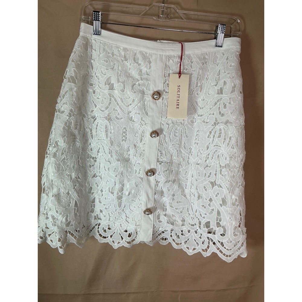 Solitaire Lace Mini Skirt Womens Small White New Pearl Button Scalloped Floral